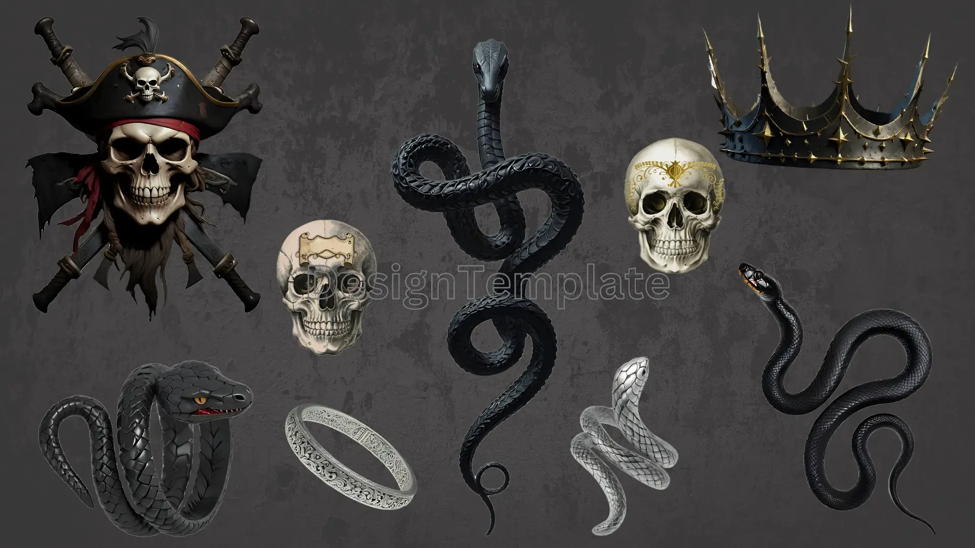 Pirate Skulls and Serpent Crowns 3D Elements Pack image